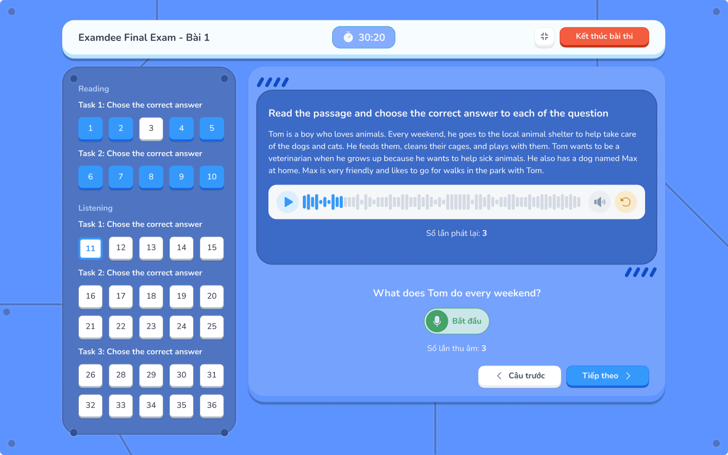 Multiple choice exam interface